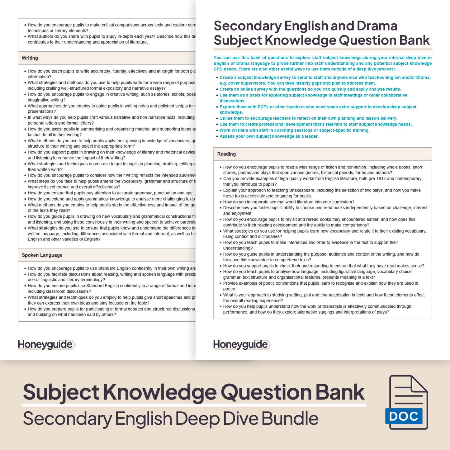 Secondary English Deep Dive and Subject Knowledge Bundle by Honeyguide School Leader Support